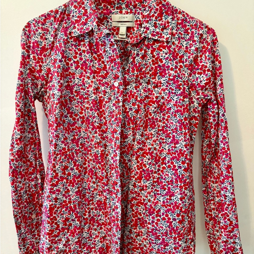 J. Crew Liberty London Floral Button-Down, Perfect Fit, Shirt, Pink,Red, size 00